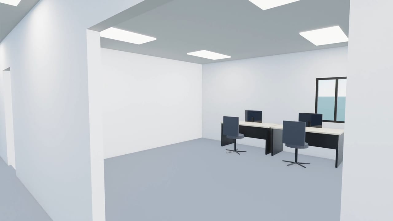 Stepping into an open office with two rows of desks, chairs and monitors under ceiling lights