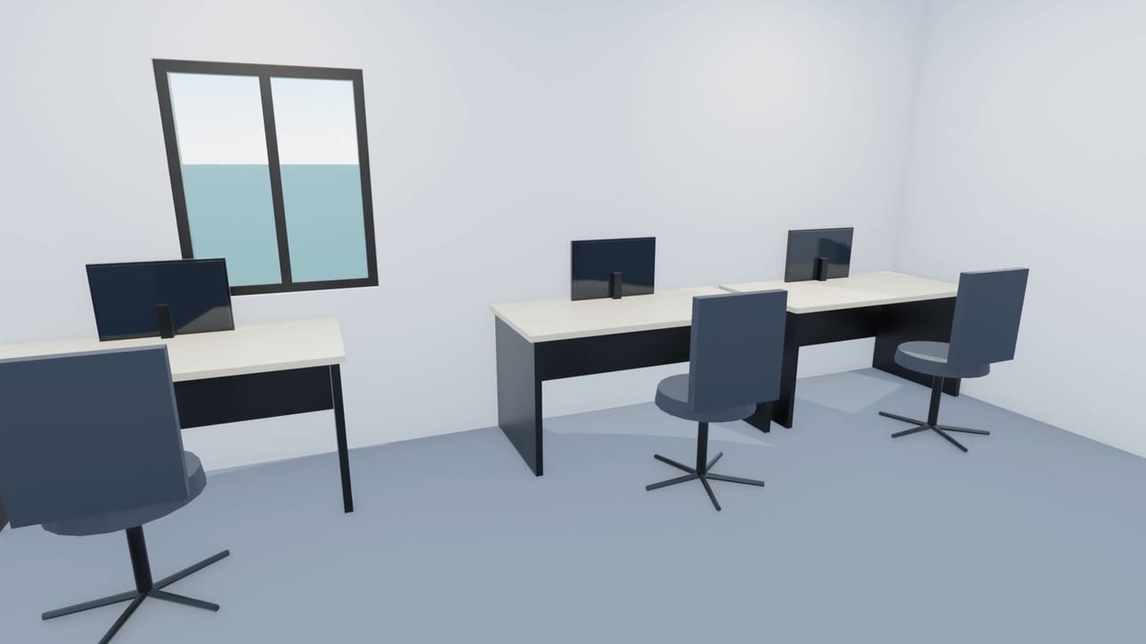 Desks with monitors and task chairs beside a large office window