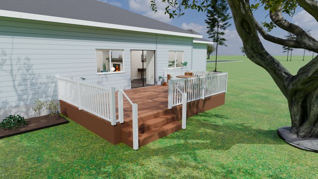 Back deck of a ranch house with a table and chairs, a white railing, stair handrails down to the lawn and a large oak beside it