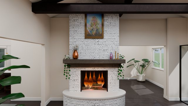 Great room with a white brick fireplace, a fire on the logs, a framed painting over the mantel and trailing plants on the mantel shelf