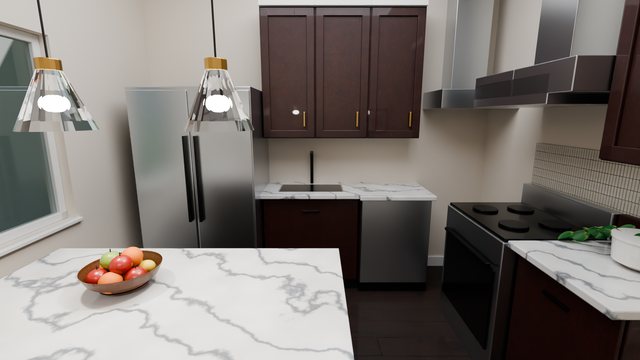 Kitchen with cherry shaker cabinets, white marble counters and a bowl of fruit on the island