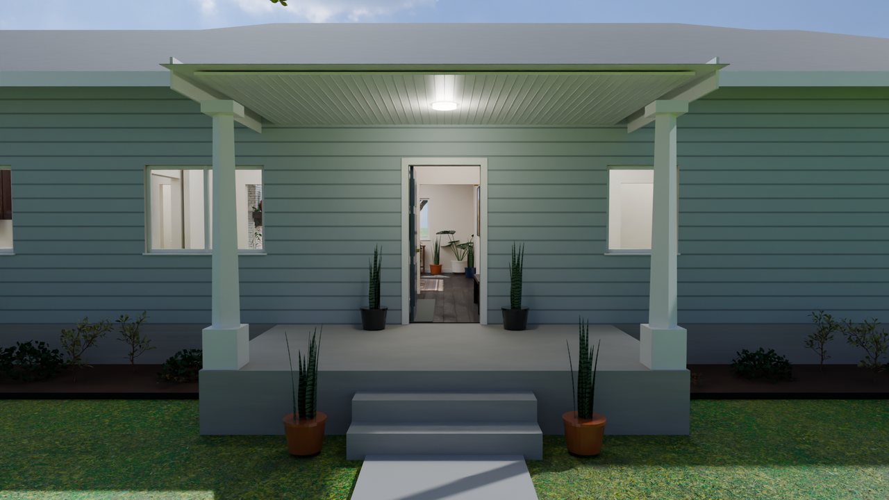 Front porch of a sided ranch house with the front door open onto the hall