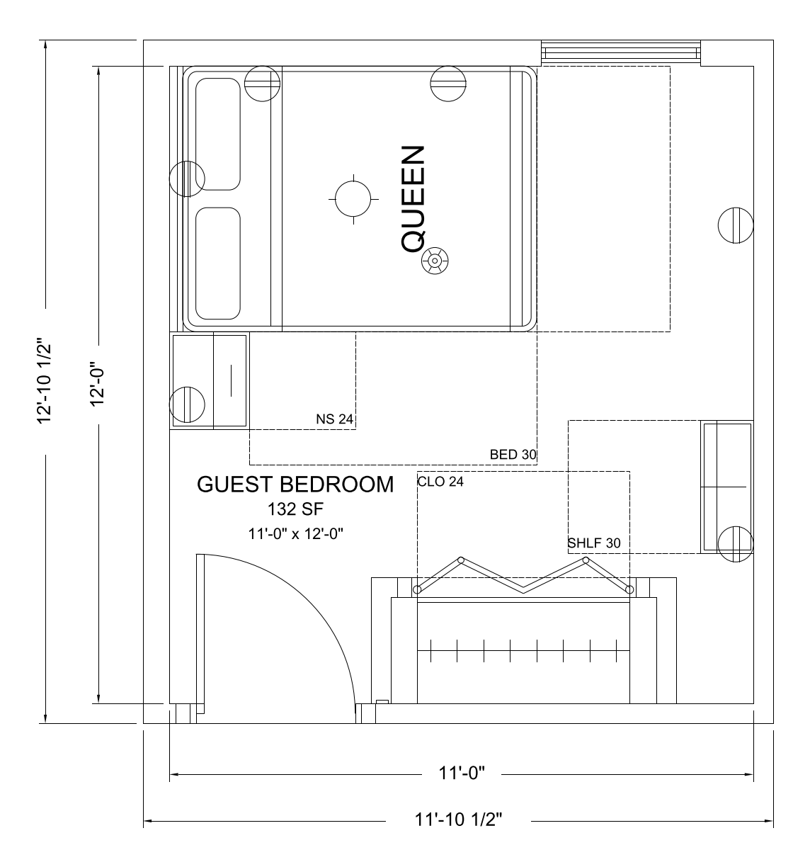 Guest Bedroom floor plan template, 11'-0" x 12'-0"