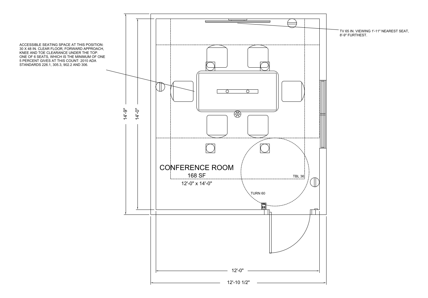 Small Conference Room, 6 Seats floor plan template, 12'-0" x 14'-0"