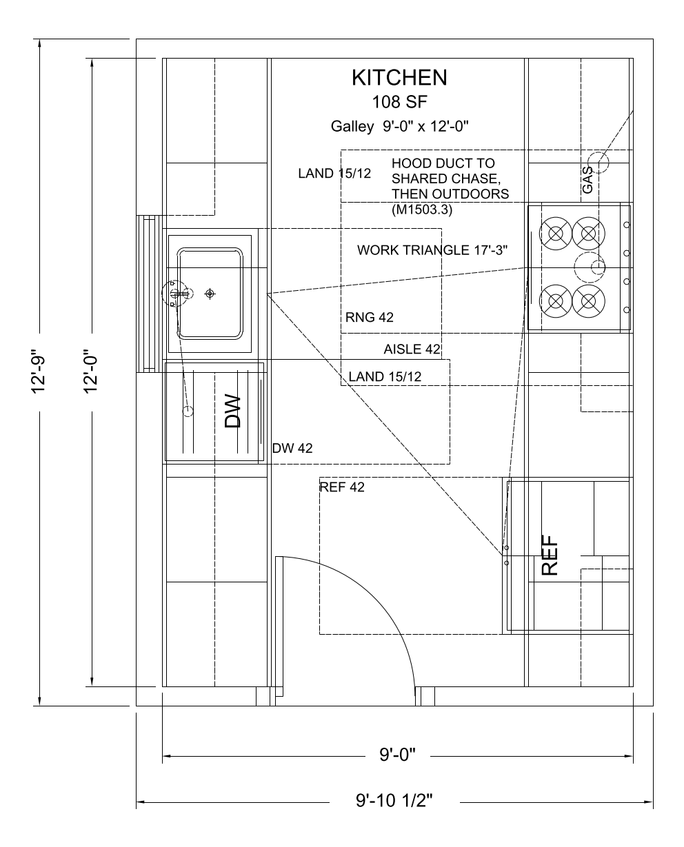 Galley (Two Parallel Runs) floor plan template, 9'-0" x 12'-0"