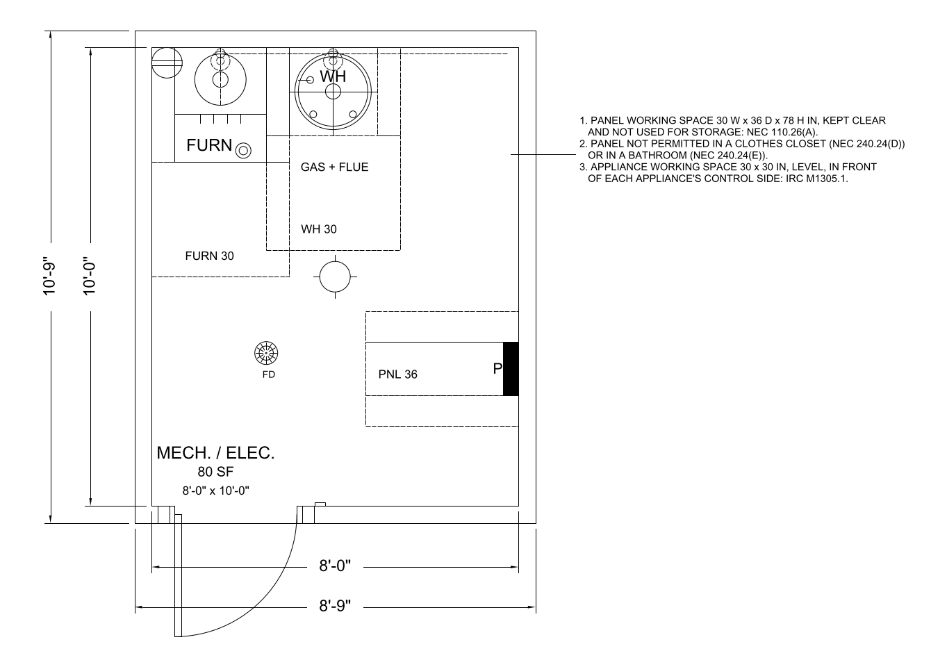 Basement Mechanical Room floor plan template, 8'-0" x 10'-0"