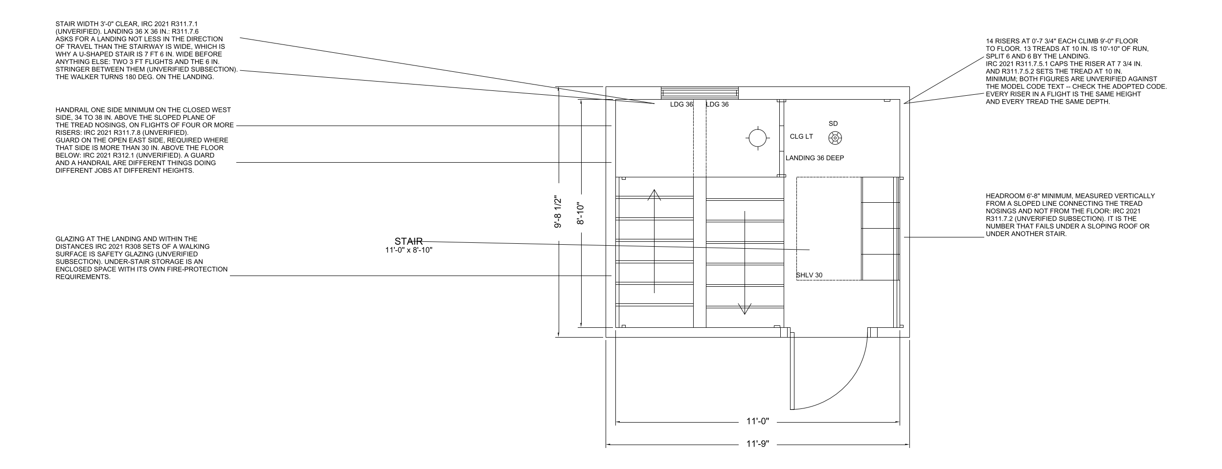 Residential Straight Stair room template, plan view (DWG/DXF)